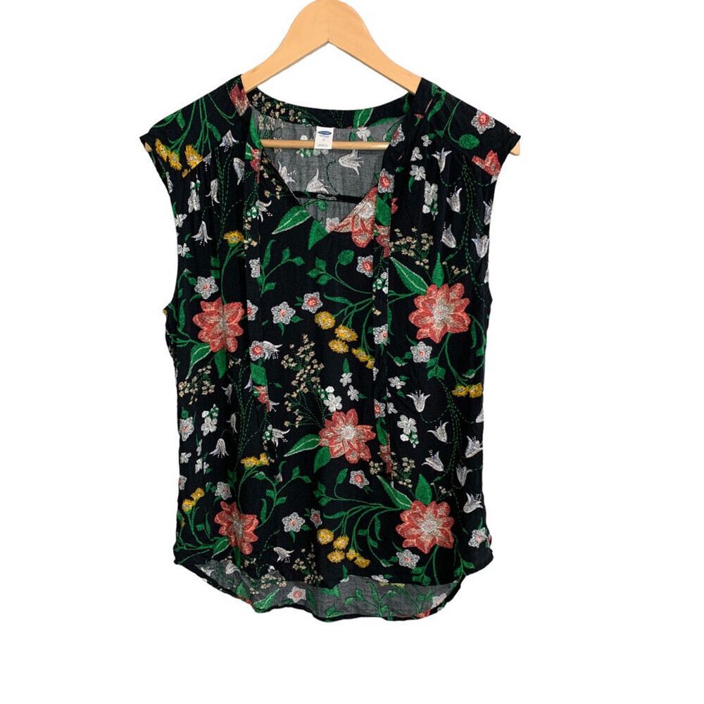 OLD NAVY Black Floral Blouse‎ Sleeveless Tank Top Women Medium